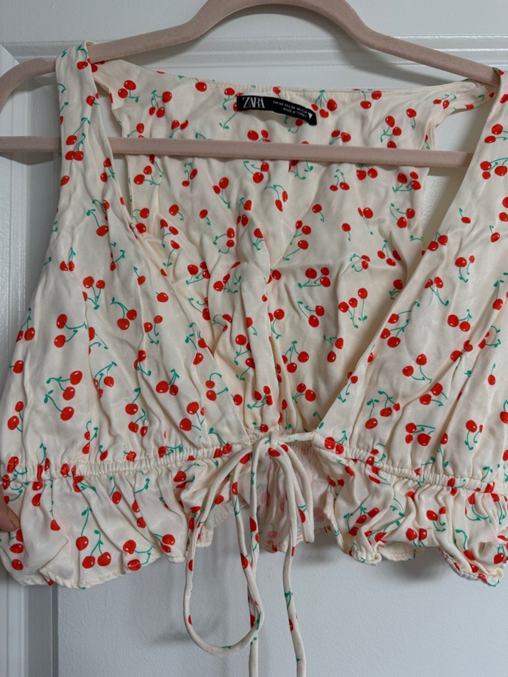 Zara Cream Cherry-Print Tie-Front Cropped Camisole